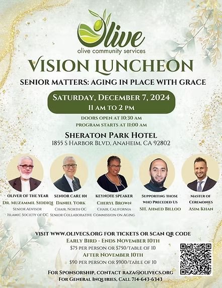Olive Community Services Vision Luncheon flyer listing Asim Khan as master of ceremonies